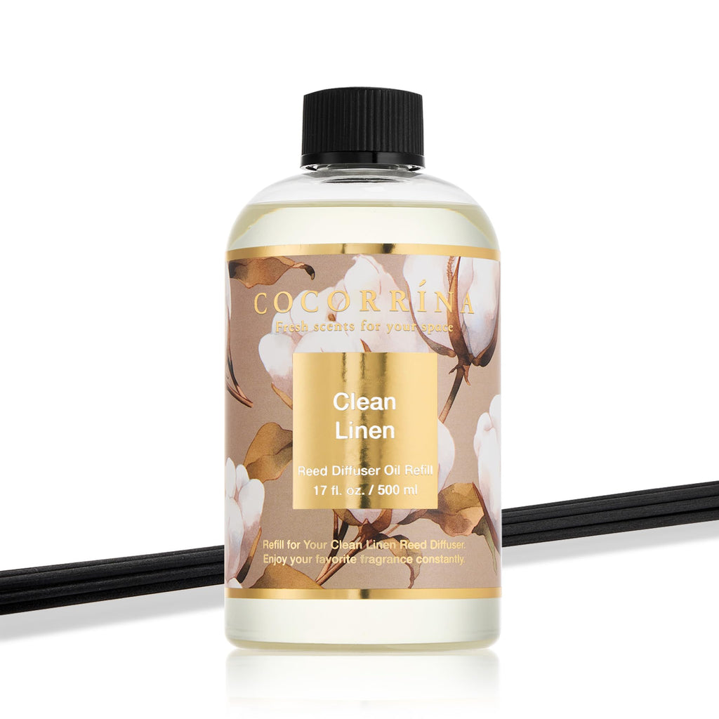 Reed Diffuser Refill Clean Linen 17oz (500ml) with 8 Rattan Sticks - Premium Long-Lasting Scented Oil, Home Fragrance