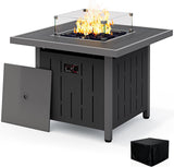 33" Outdoor Fire Pit Table, 50,000 BTU Square Propane Fire Pit Table with Lid, Glass Rock & Glass Wind Guard, HDPE Outdoor Furniture for Patio