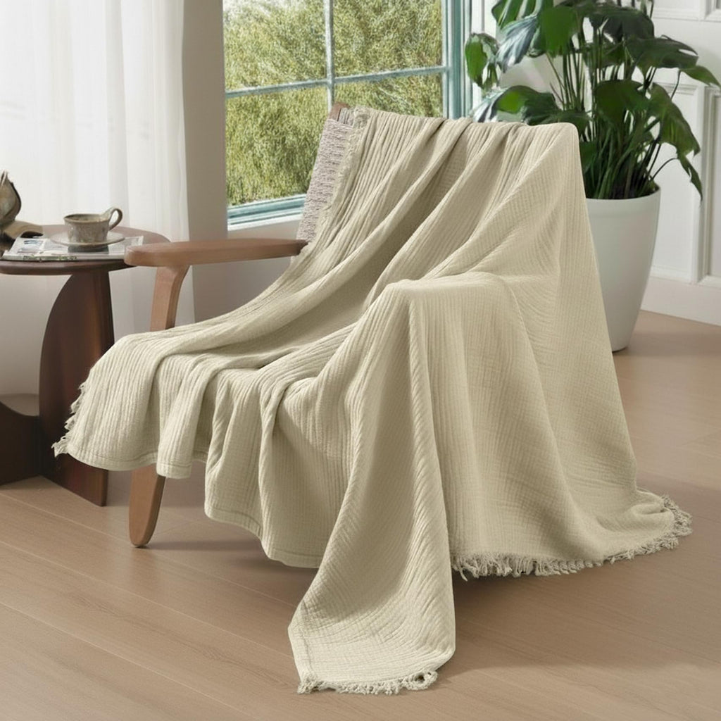 100% Organic Cotton Throw Muslin Blanket, 50"x60", Oatmeal Khaki