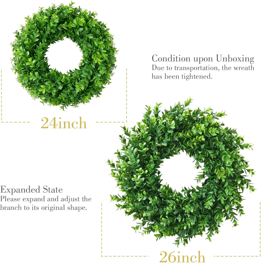 26'' Large Artificial Boxwood Wreath for Front Door Home Décor - Set of 2