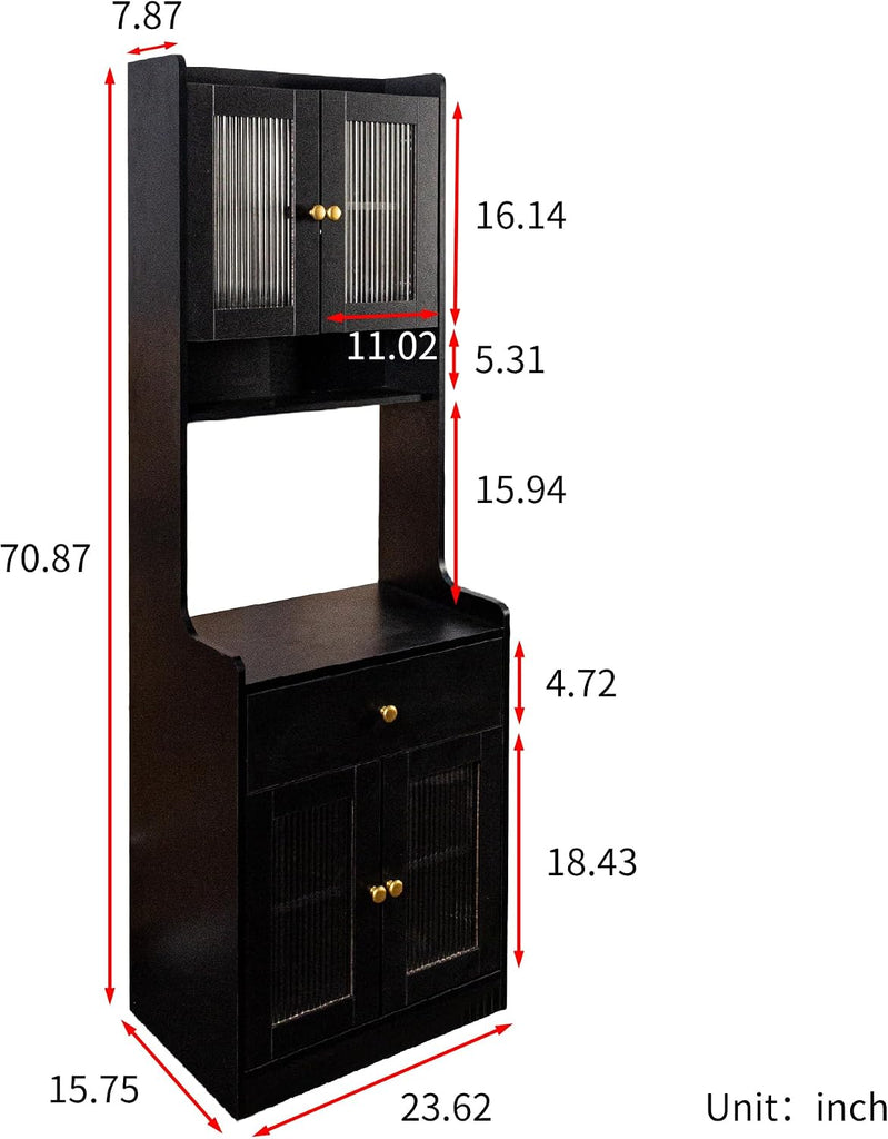 70.87" Tall Kitchen Pantry Storage Cabinet with Countertop, Glass Doors, Drawers, Microwave Stand and Shelves