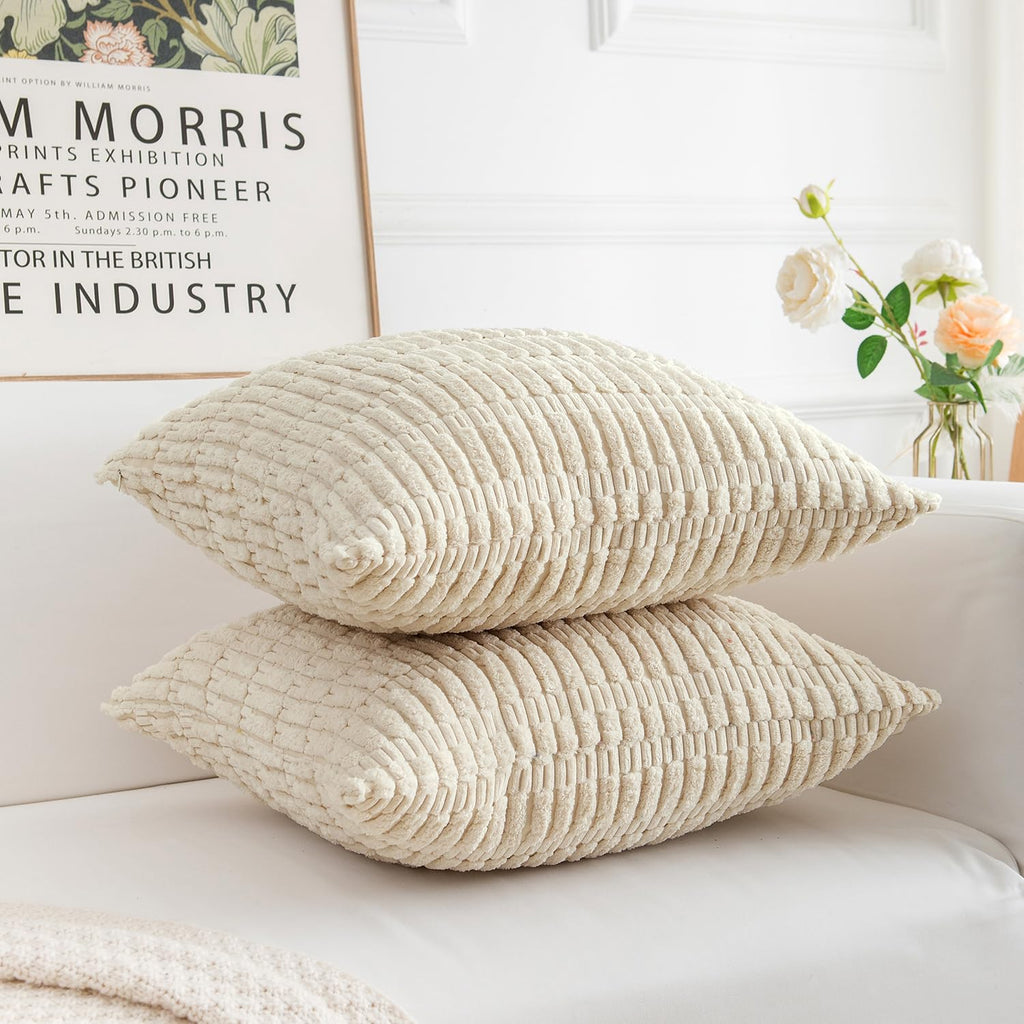 Corduroy Decorative Throw Pillow Covers, Boho Stripe Soft Square Cushion Case Home Decor Couch Bed Sofa, Set of 2