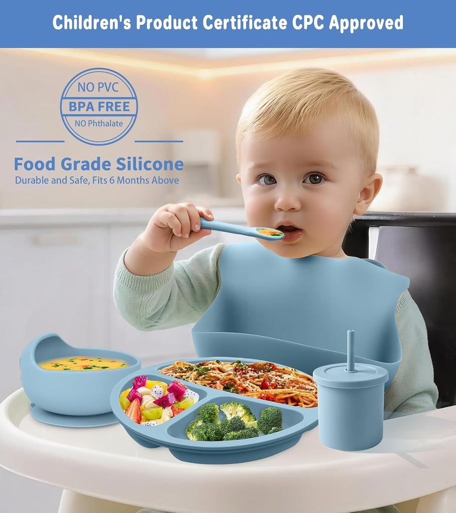 Feeding Set, Baby Led Weaning Supplies Includes Suction Bowl and Divided Plate, Adjustable Bib, Soft Spoons