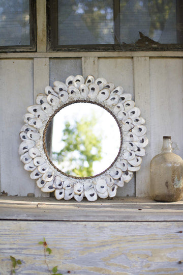 Large Round Oyster Shell Mirror, One Size, Cream