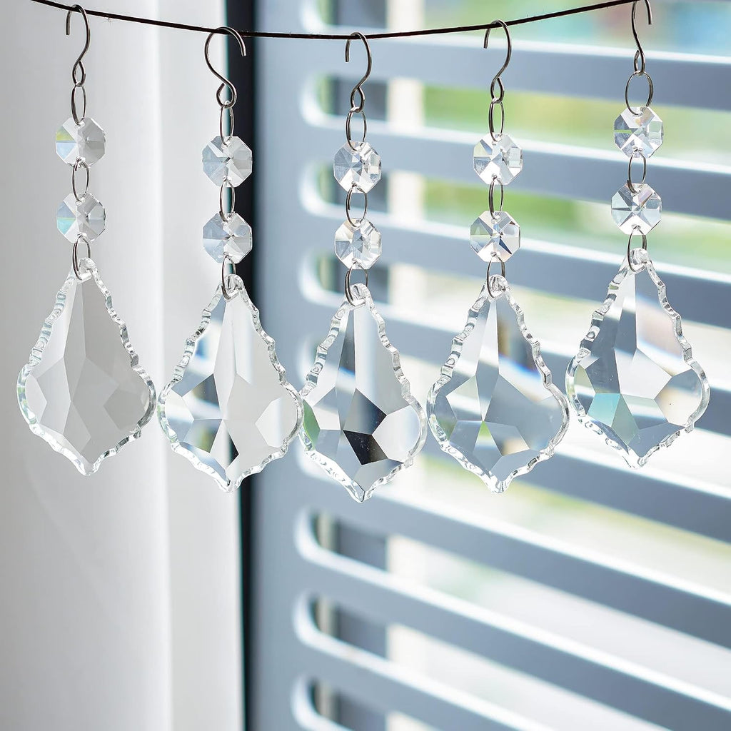 20PCS Clear Crystal Suncatcher Prisms, 63mm Chandelier Replacement Pendants - Maple Leaf Chandelier Prisms Connected