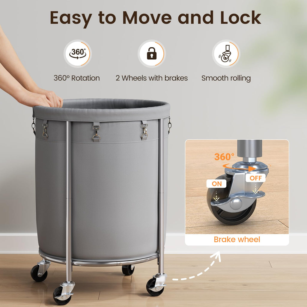 Laundry Basket with Wheels, Round Rolling Laundry Hamper, Gray