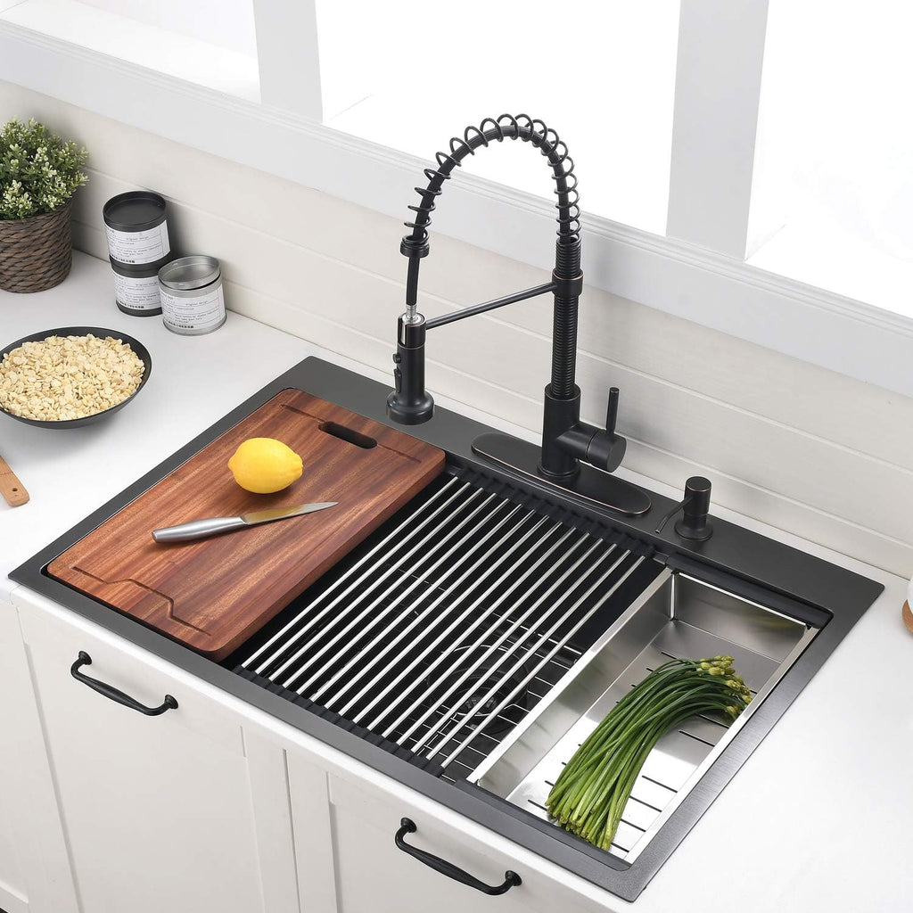 33 Inch Black Drop Sink - VOKIM33x22Inch Top Mount Sink | Workstation Stainless Steel Drop In Sink 16 Gauge Single