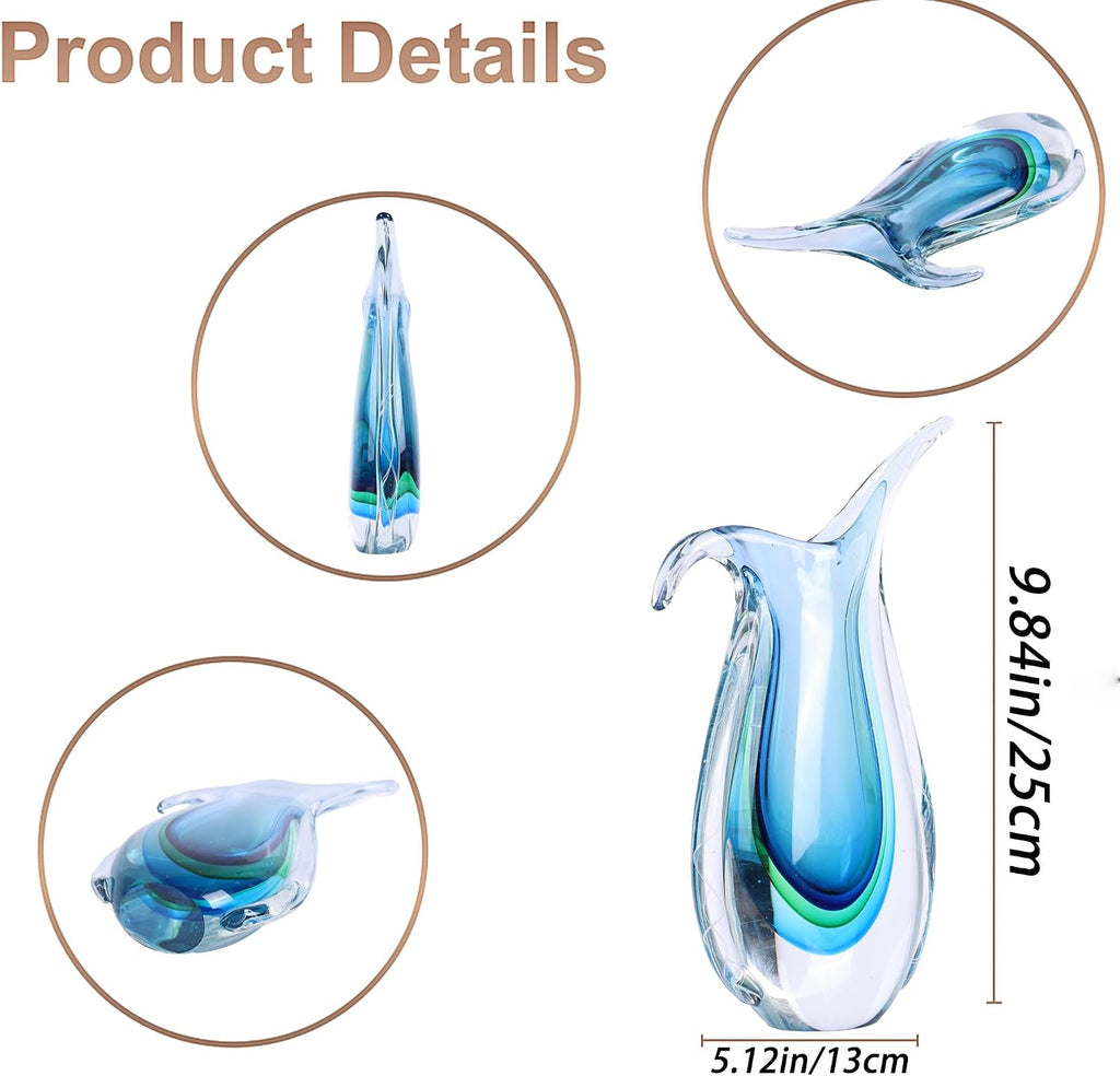 Blown Glass vase, Unique Murano Style Glass Art Deco vase TV Stand, Table Setting, Office, Room and Desktop
