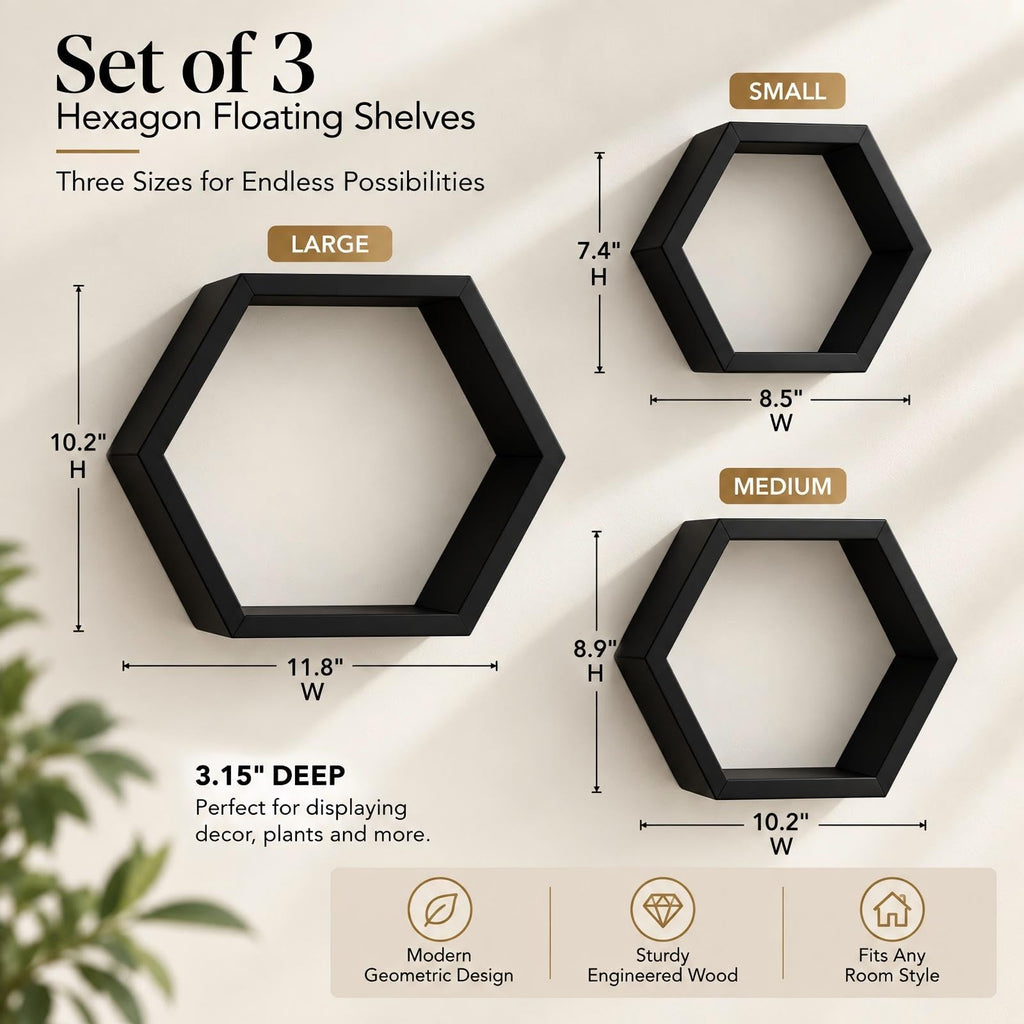 Wall Mounted Hexagon Floating Shelves, Wooden Wall Organizer Hanging Shelf Decor, Set of 3, Black
