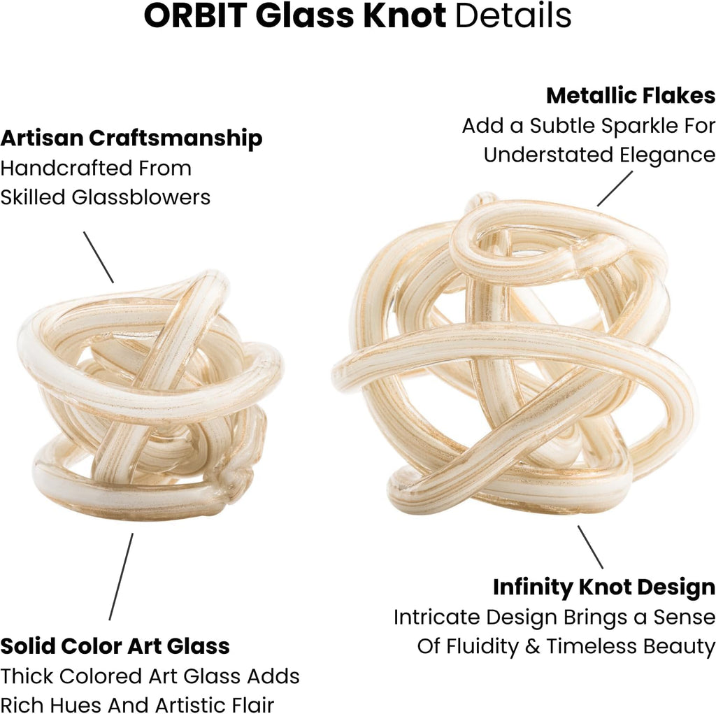 Orbit Hand Blown Glass Infinity Knot Sculpture - 4.5 Inch Glass Art White & Gold Knot Decor Ball Decor, Small