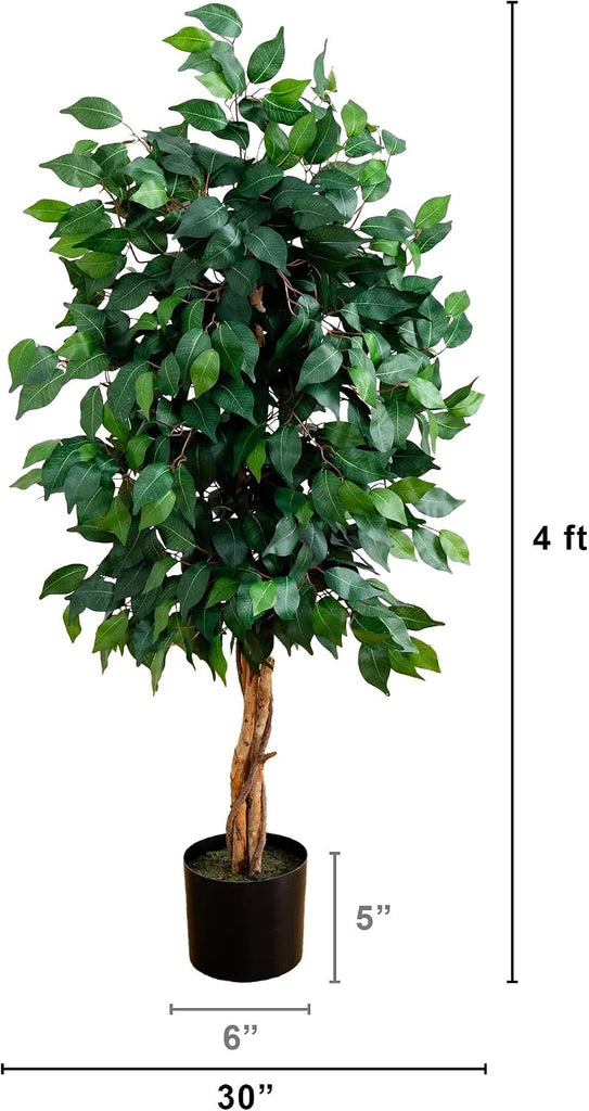 4 ft Artificial Triple Trunk Ficus Tree with Pot | Natural Wood Trunks, Silk Tree with Dense Foliage, Mid-Size Faux