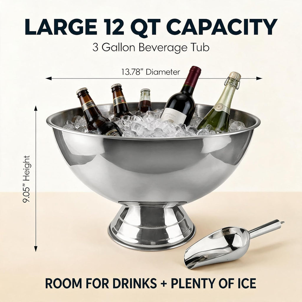 12 Qt Stainless Steel Beverage Tub, Large Ice Bucket for Parties ,3 Gallon Large Drink Chiller with Ice Scoop