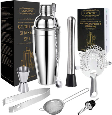 Cocktail Shaker Set, Stainless Steel Bartending Kit with 25 oz Martini Shaker, Jigger, Strainer, Mixing Spoon - Set of 9
