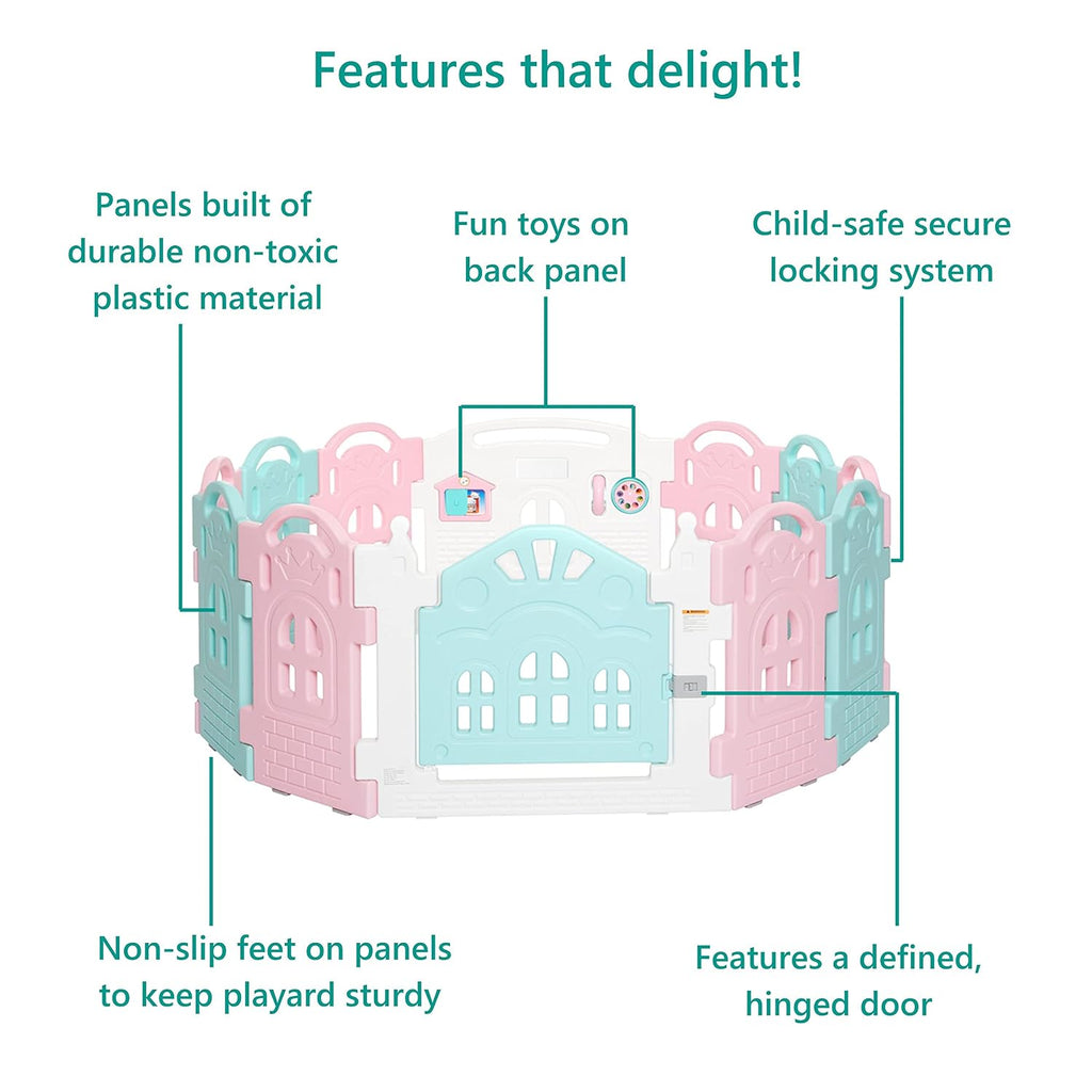 12 Panel Rumi Baby Playpen in Pink and Blue, Easy to Fold and Store, Fun Game Panel, Indoor and Outdoor Playpen for