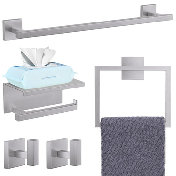 5-Pieces Brushed Nickel Bathroom Hardware Accessories Set Towel Bar Set Upgraded Toilet Paper Holder with Shelf