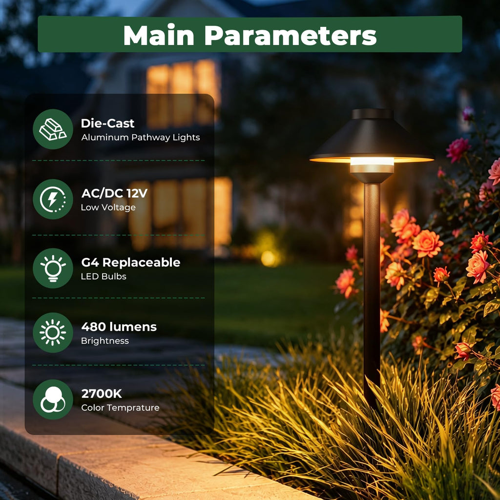 Low Voltage Landscape Pathway Lighting 6-Pack, Outdoor Wired Aluminum Path Lights with G4 4W 2700K Bulb