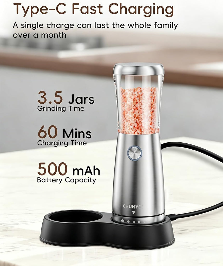 Electric Salt and Pepper Grinder Set - Automatic Stainless Steel Rechargeable Salt and Pepper Grinder Set - Set of 2