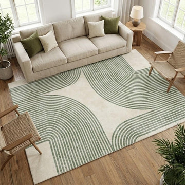 5x7 Area Rug, Green and Beige Modern Geometric Arch Stripe Rug, Machine Washable Non-Slip Low Pile Faux Cashmere