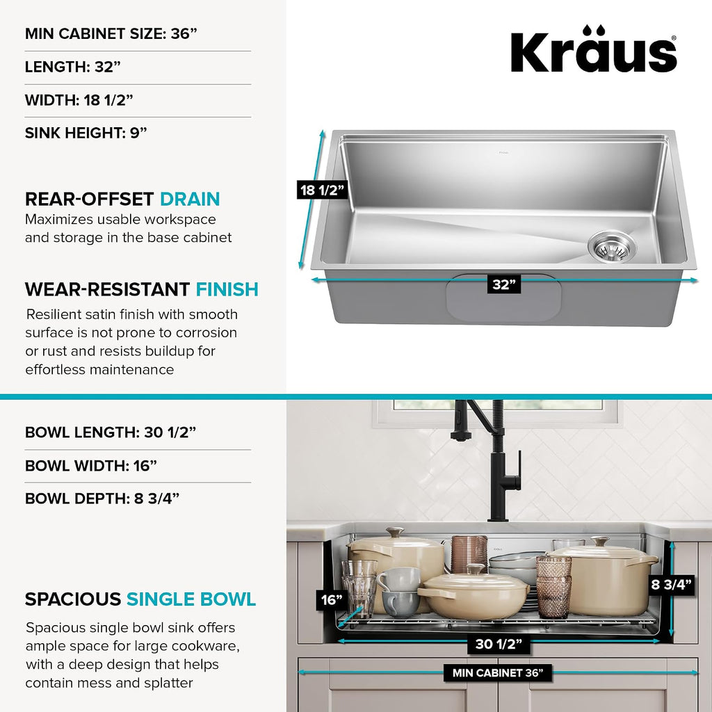 Fairlane 32 in Undermount Workstation Single Bowl 18-Gauge Stainless Steel Kitchen Sink with Accessories, KWU610-32