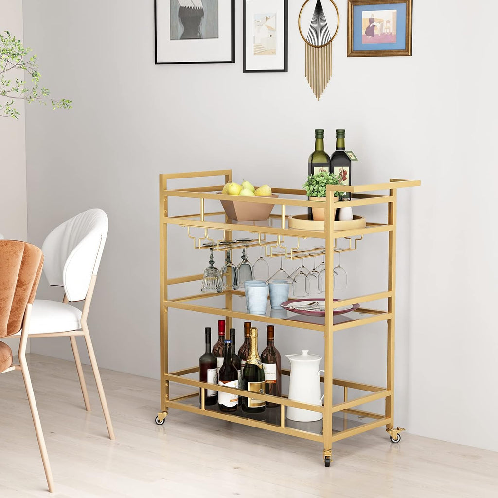 Gold Bar Carts with 3 Tier Glass Shelves, Rolling Serving Bar Cart with Wine Rack and Glass Holder, Home Bar Carts &
