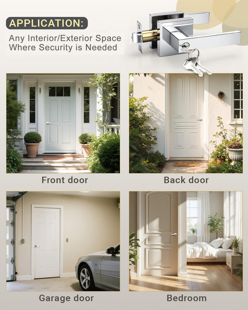 3 Pack Door Knob with Lock and Key Front Doot Handle with Lock Polished Chrome Modern Square Leverset