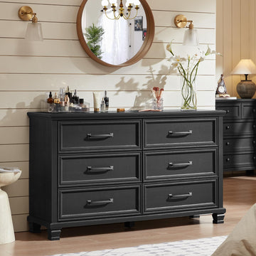 Farmhouse Black 6 Drawer, 54 inch Wide Vintage Large Chest of Drawers with Square Wood Legs, Rustic TV Console