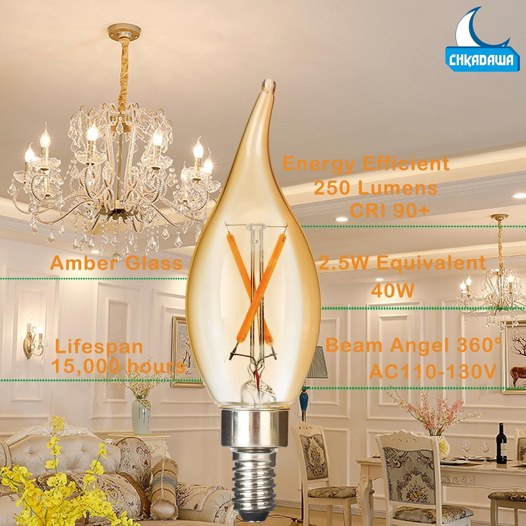 E12 Amber Candelabra Light Bulbs Dimmable 40 Watts Equivalent, Flame Tip Chandelier Light Bulbs CA11, Vintage Candle