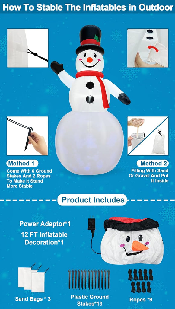 Rotating Snowflake Lights 12 Ft Giant Christmas Inflatables Snowman with Built-in LED Lights Christmas Decorations