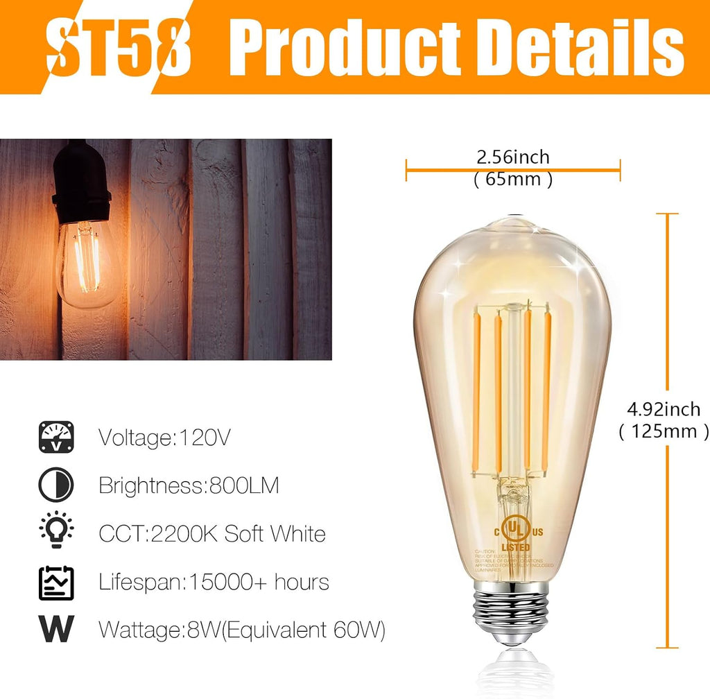 4 Pack Vintage LED Edison Bulbs, E26 Led Bulb 60W Equivalent, Dimmable Led Light Bulbs, High Brightness 800 LM Amber