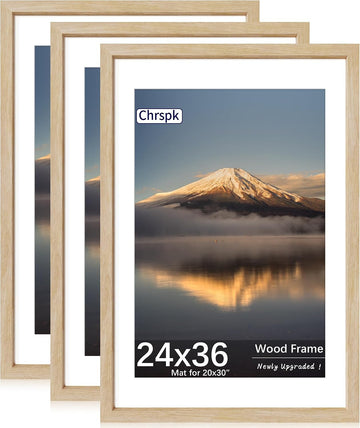 24X36 Poster Frame, Display Pictures 20X30 with Mat or 24X36 Without, Wall Hanging Frames, Natural Oak, 3 Pack