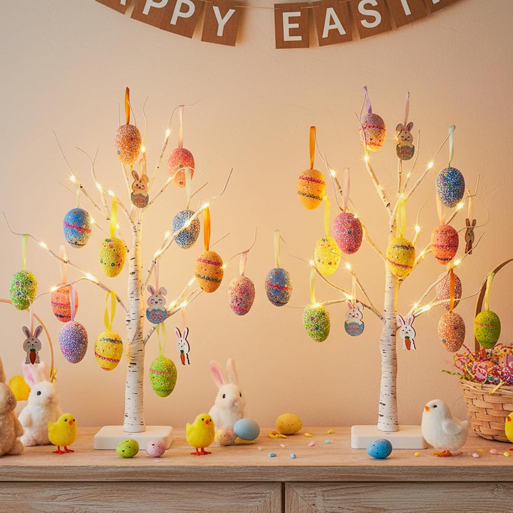 Easter Egg Tree Lights, 22 Inch Easter Trees Battery Operated with Timer, Lighted White Birch Tree Tabletop - Set of 2