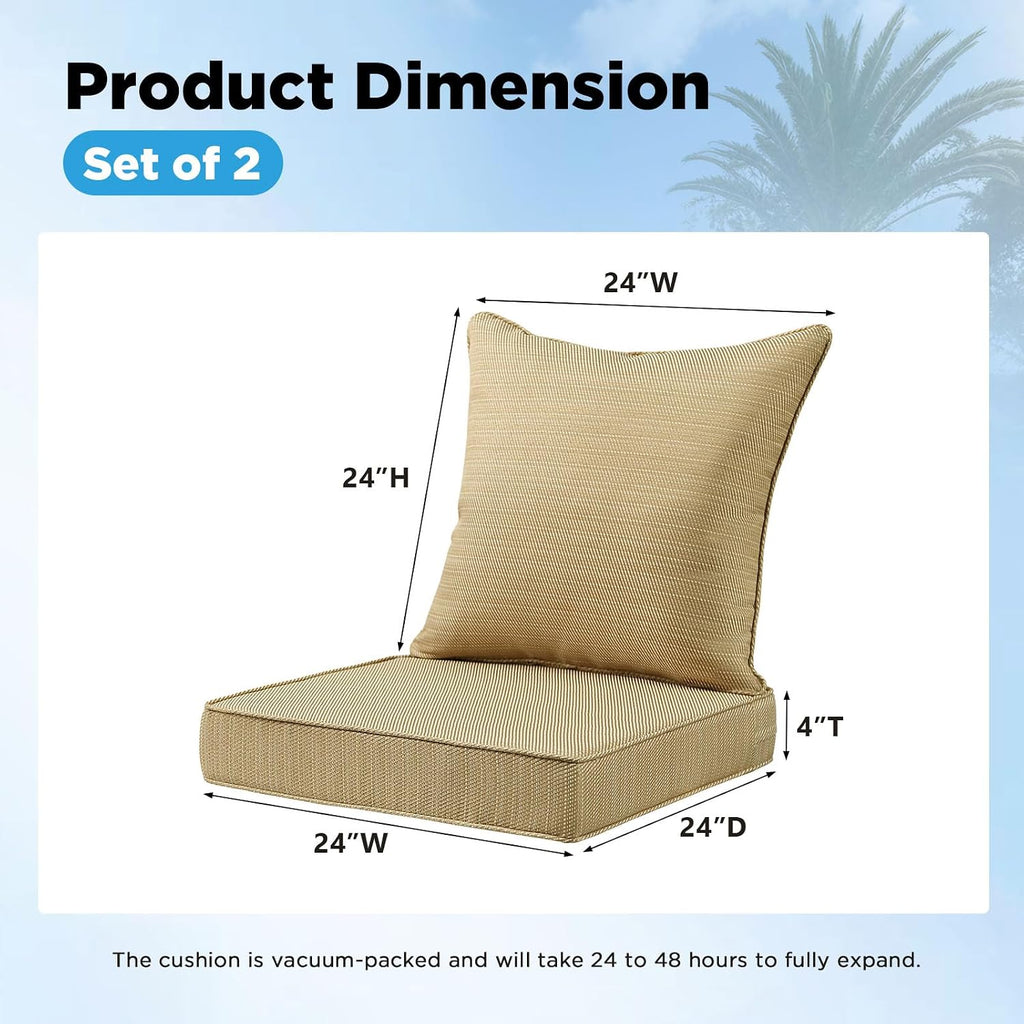 Outdoor Deep Seat & Back Cushion Set (2-Pack), 24 x 24 Inch Water Repellent and Fade Resistant Patio Furniture with