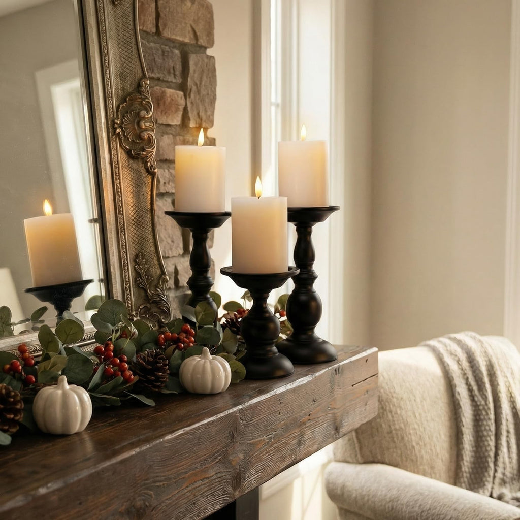 Black Pillar Candle Holders Set of 3, Vintage Candle Holder for Table Centerpiece & Fireplace Decor, Decorative