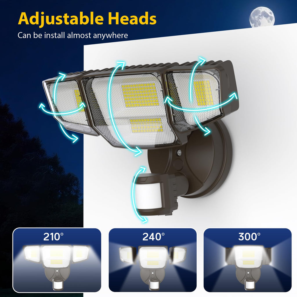 90W Motion Sensor Outdoor Lights, LED Flood Light Outdoor with 4 Adjustable Heads, 6500K Daylight, Dusk to