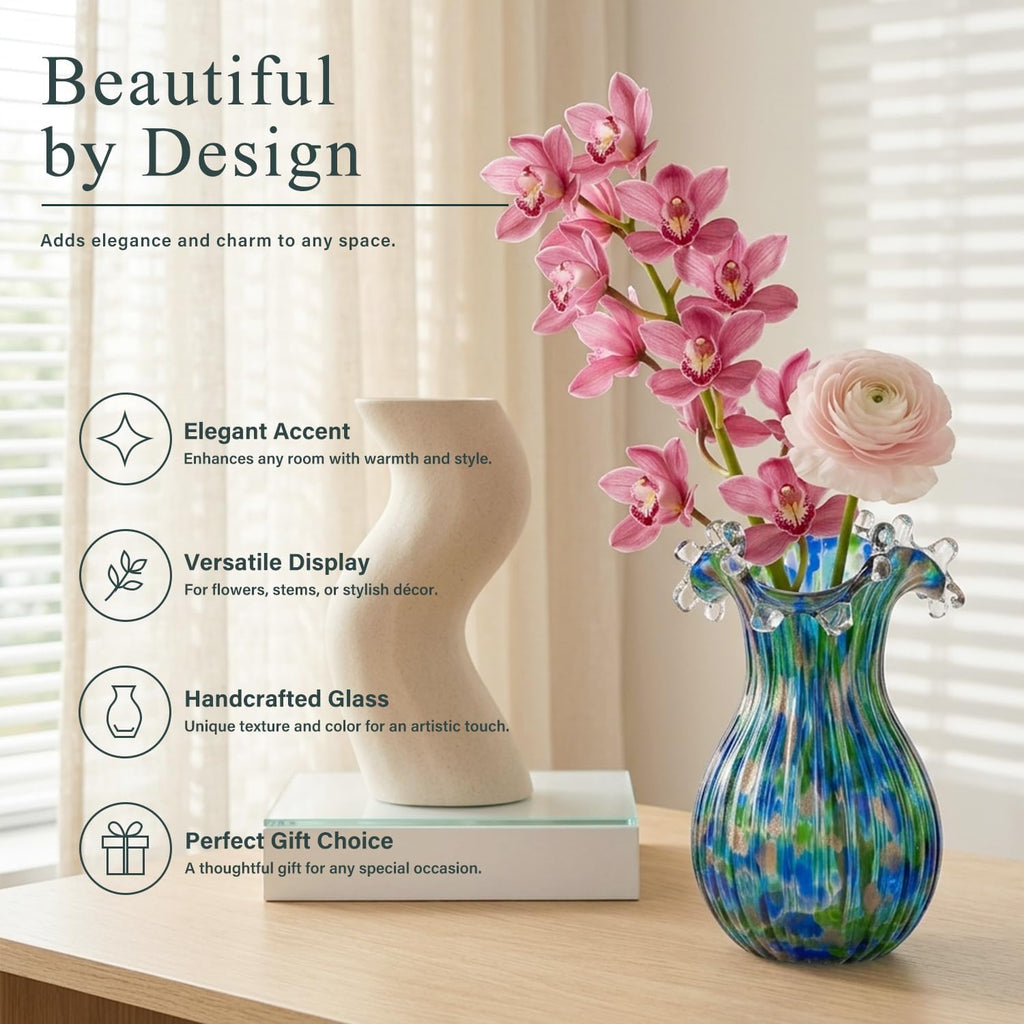 Hand Blown Glass Vase for Flowers, 9 Inch Blue Green Flower Vase
