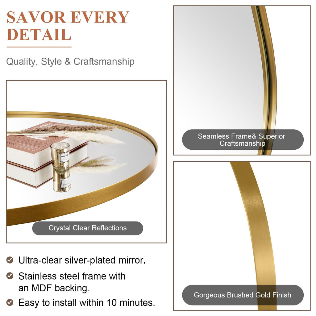 Arched Mirror, 36 x 40 Inch Brushed Gold Wall Mirror in Stainless Steel Metal Frame, Arch Top Rounded Corner 1 Inch