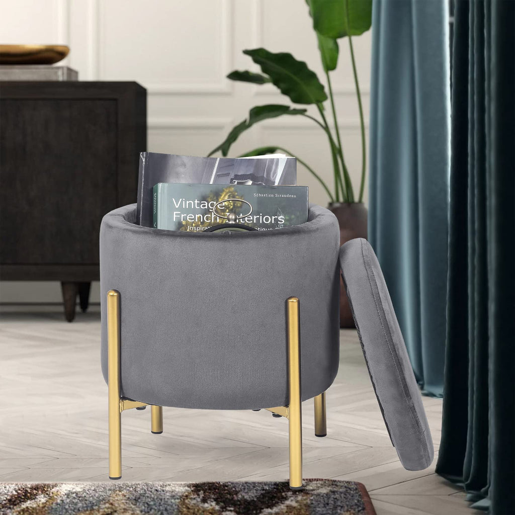 Upholstered Tufted Round Storage Ottomans, Grey Modern Velvet Footrest Ottomans with Storage for Couch