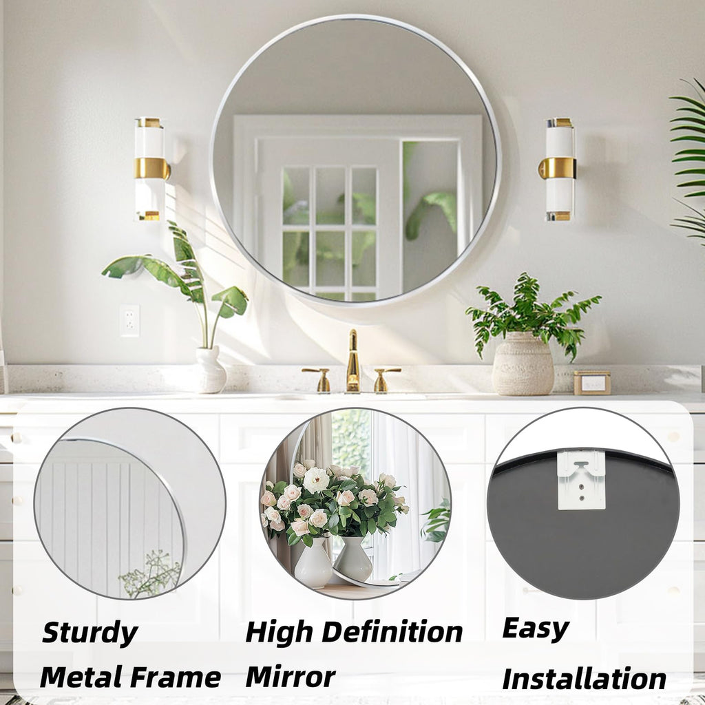 Round Mirror 30 inch Silver, Circle Mirror, Brushed Nickel, Chrome