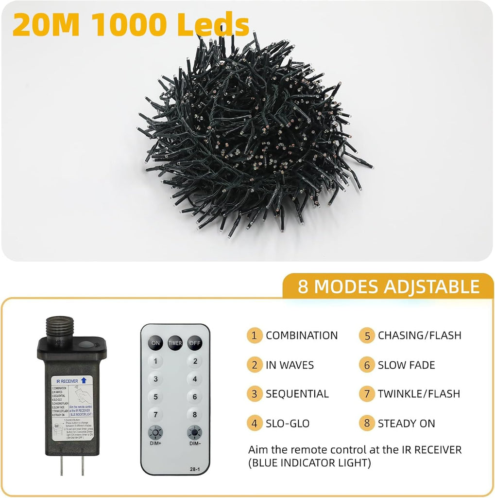1000 LEDs Christmas Cluster Lights with Remote - 66ft Firecracker Chrismtas String Lights, 8 Modes Timer Waterproof