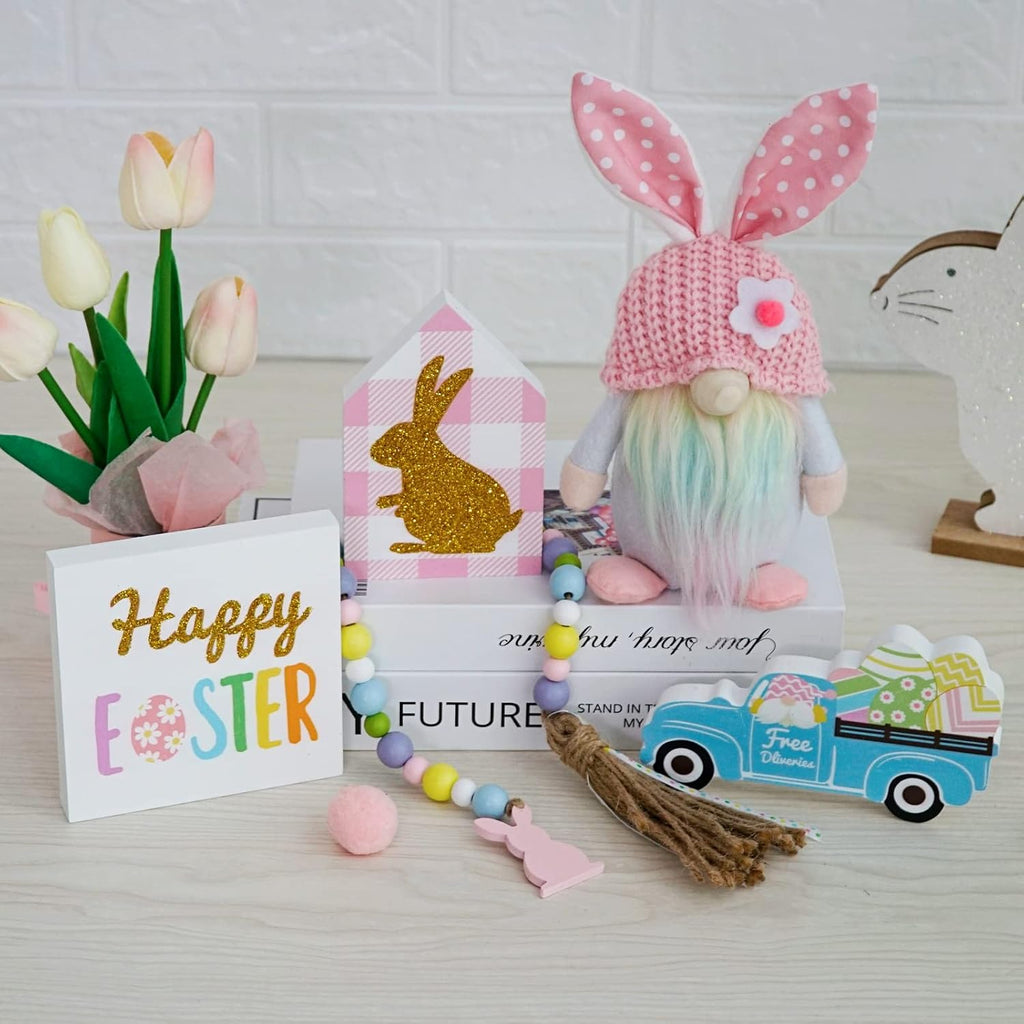 Easter Decorations, Easter Gnome Tiered Tray Decor, Glitter Easter Wood Signs, Truck Full of Eggs, Easter Bunny - Set of 5