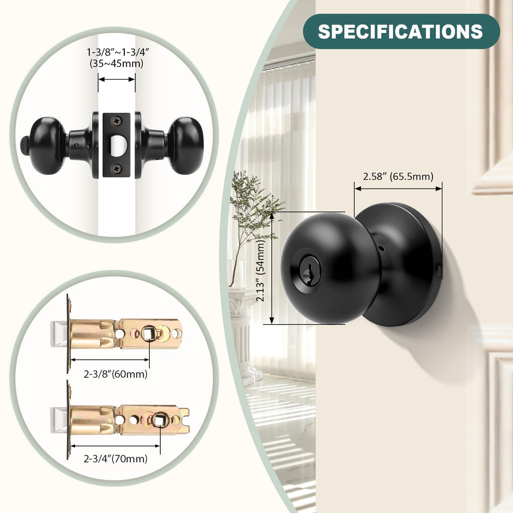 Entry Door Knobs with Lock and Same Keys, Matte Black Keyed Aliked Entry Door Lock Sets for Exterior & Interior