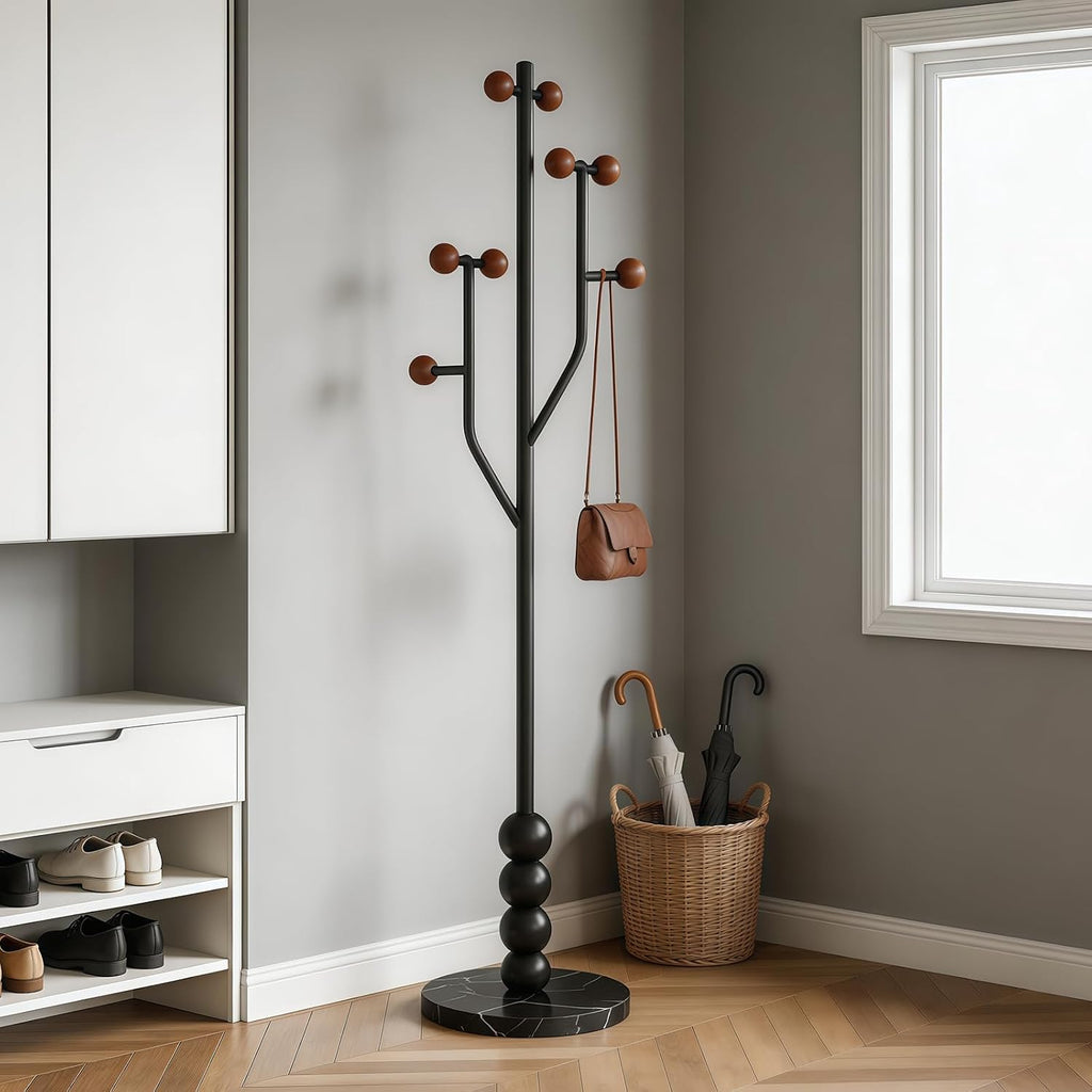 Freestanding Mid-Century Modern Tree Coat Rack | Freestanding metal rack with black marble base & wood spherical hooks
