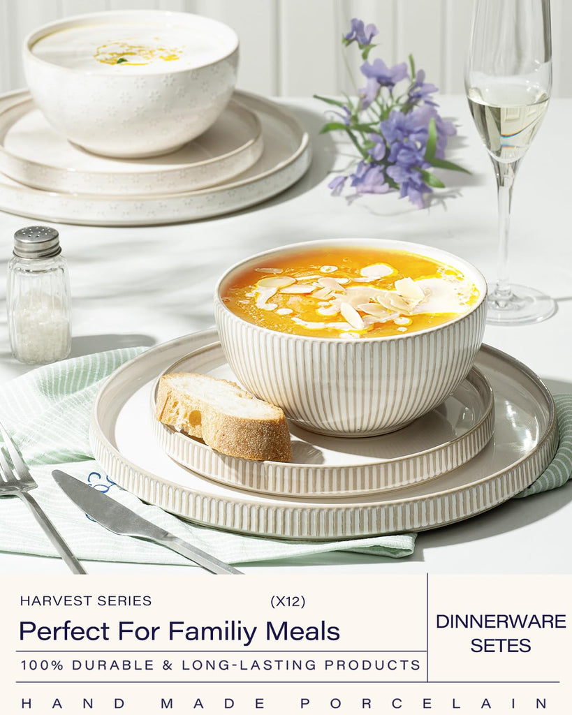 Dinnerware Sets, Plates and Bowls Sets (10.5" Dish + 8" Dish + 6" Bowl) for 4, Microwave and Dishwasher Safe, Ceramic