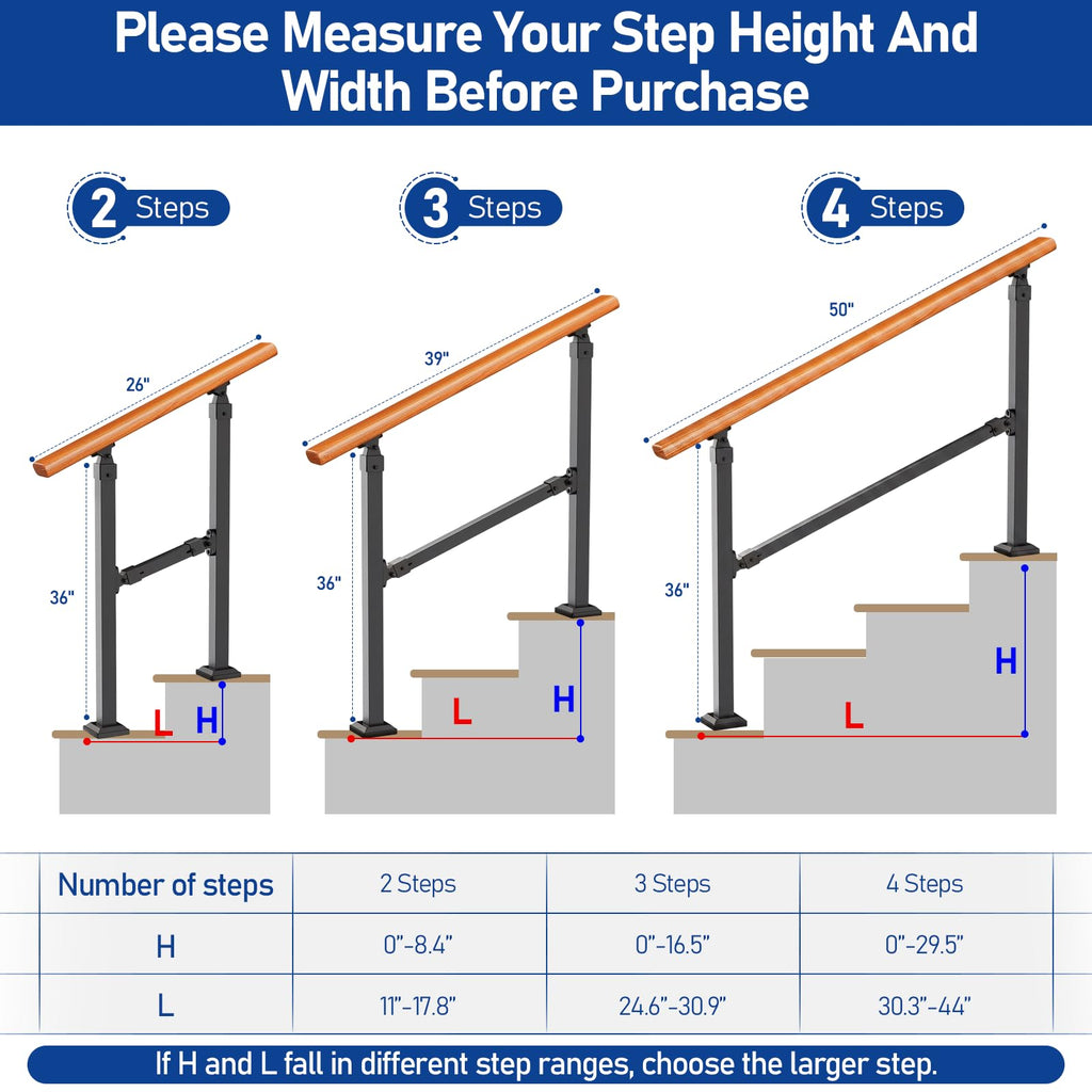 2 Step Handrails for Outdoor Steps, Metal Wood Grain Hand Rails