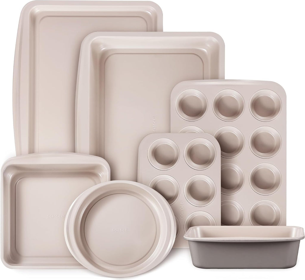 7-Piece Pans Set, Nonstick Bakeware Sets, Gray & Khaki | Cookie Sheets, Muffin, Bread, Cake, Loaf, Roasting Pan