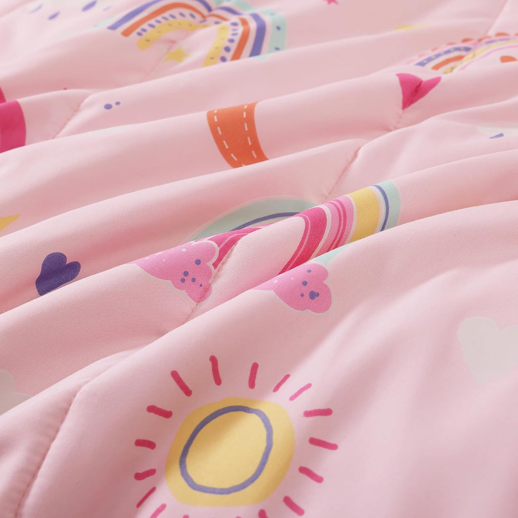 Glow in The Dark Twin Comforter Set for Girls, Pink Rainbow Bedding Set for Kids 1 Comforter, 1 Decor Pillow, 1