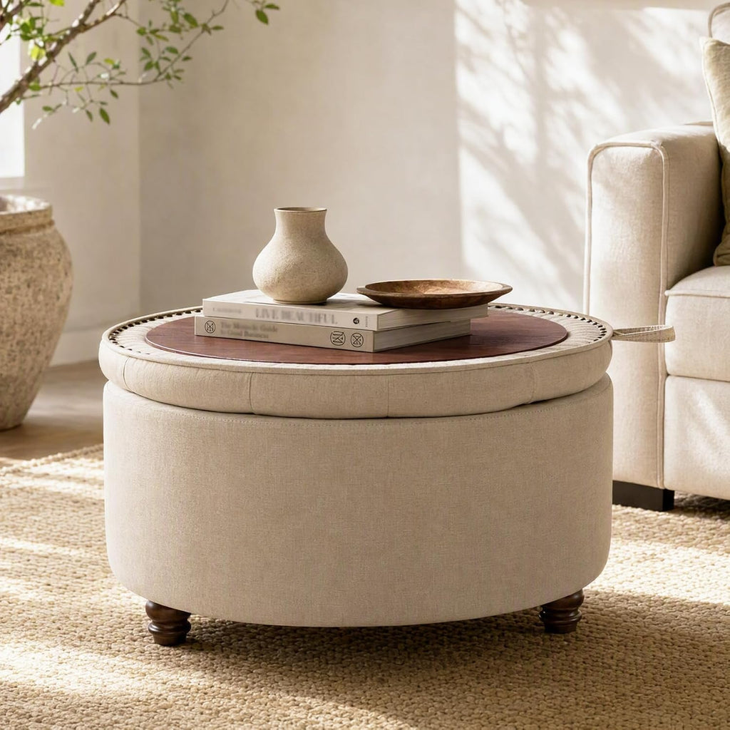 30" Round Storage Ottoman Coffee Table, Tufted Lid & Wood Top, Khaki | Nailhead Trim Solid Wood Legs Extra Large