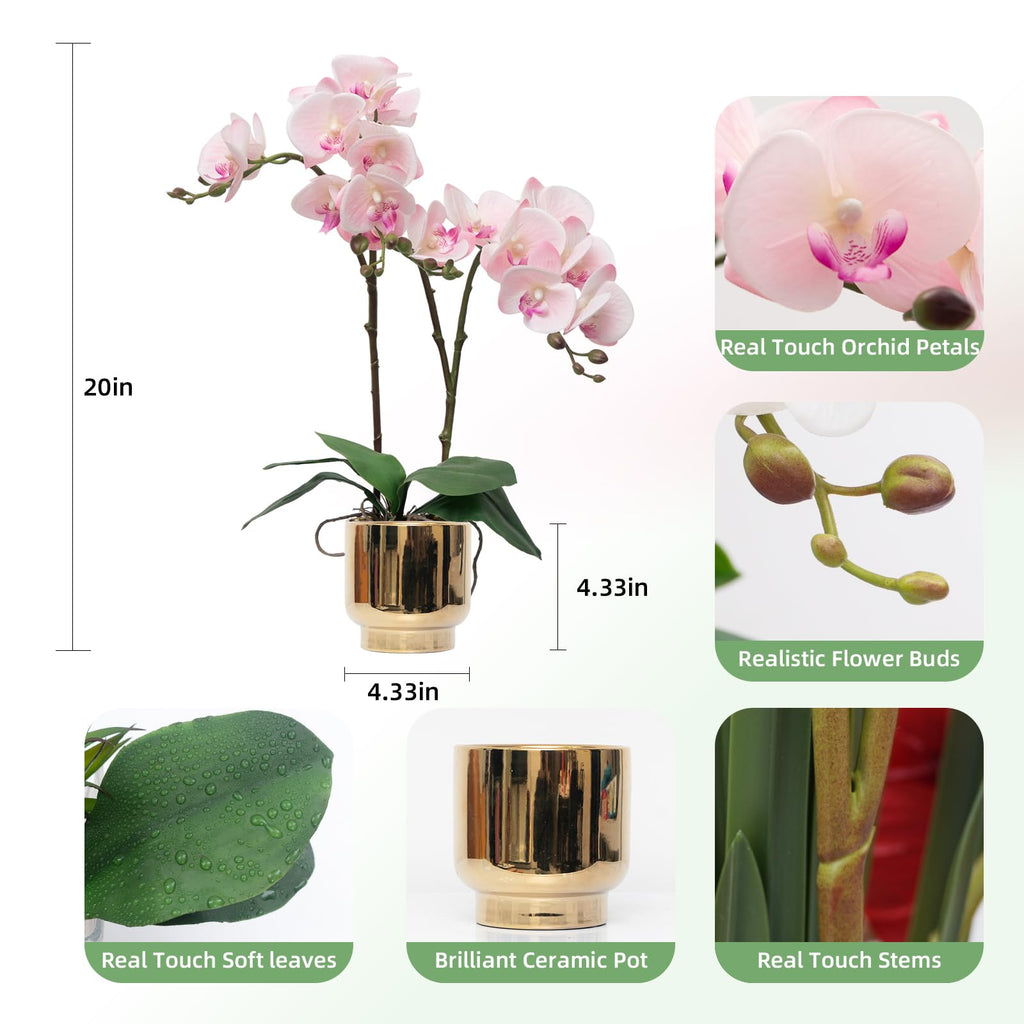 Orchids Artificial Flowers Real Touch Fake Flowers in Ceramic Pot 20" Pink Faux Orchid Plant Lifelike Silk