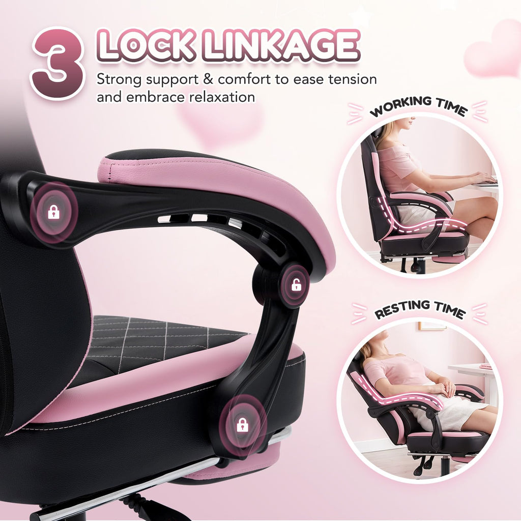 Cute Gaming Chair, Ergonomic Computer Gamer Chair, Black and Pink