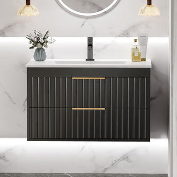 30" Floating Bathroom Vanity with Sink - Wall Mounted Vanity Cabinet with 2 Drawers & Gold Handles, Black